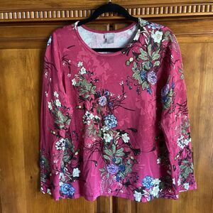Chico's Floral Pink 3/4 Sleeve Boxy Knit Cottagecore Sweater Top Size 1 (Med)